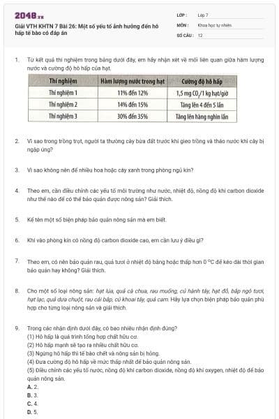 Giải VTH KHTN 7 Bài 26: Một số yếu tố ảnh hưởng đến hô hấp tế bào có đáp án