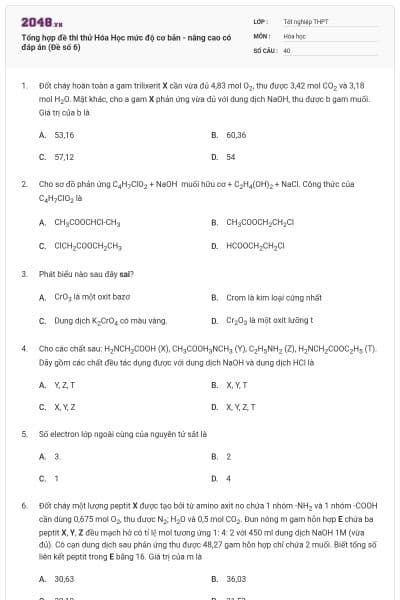 Tổng hợp đề thi thử Hóa Học mức độ cơ bản - nâng cao có đáp án (Đề số 6)