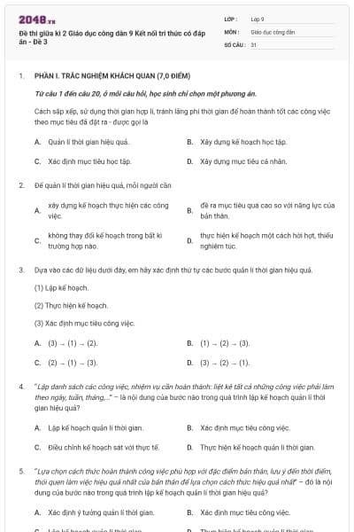 Đề thi giữa kì 2 Giáo dục công dân 9 Kết nối tri thức có đáp án - Đề 3