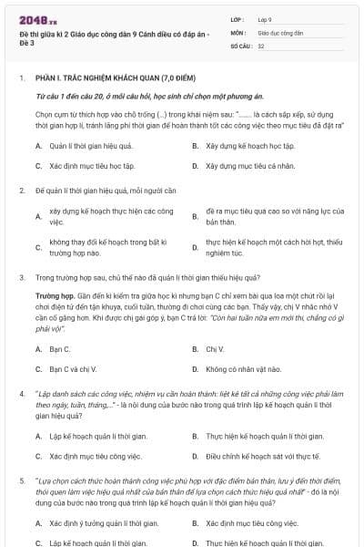 Đề thi giữa kì 2 Giáo dục công dân 9 Cánh diều có đáp án - Đề 3