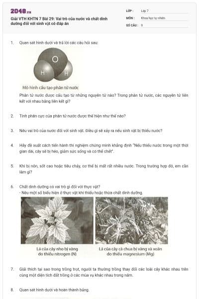 Giải VTH KHTN 7 Bài 29: Vai trò của nước và chất dinh dưỡng đối với sinh vật có đáp án