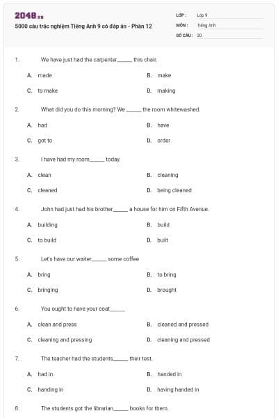 5000 câu trắc nghiệm Tiếng Anh 9 có đáp án - Phần 12