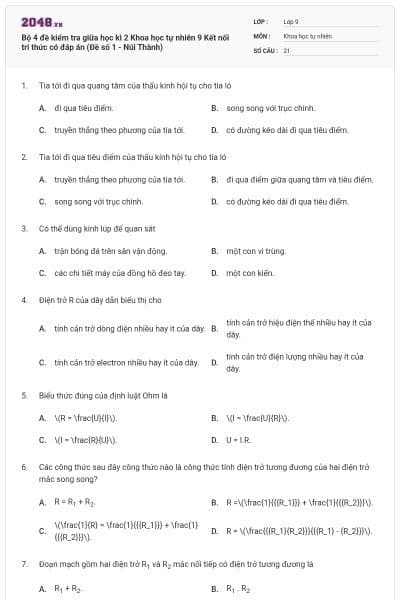 Bộ 4 đề kiểm tra giữa học kì 2 Khoa học tự nhiên 9 Kết nối tri thức có đáp án (Đề số 1 - Núi Thành)
