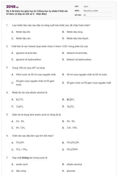 Bộ 4 đề kiểm tra giữa học kì 2 Khoa học tự nhiên 9 Kết nối tri thức có đáp án (Đề số 2 - Điện Bàn)