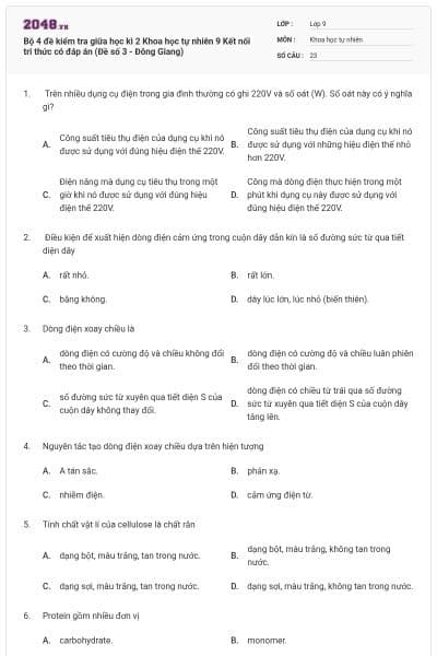 Bộ 4 đề kiểm tra giữa học kì 2 Khoa học tự nhiên 9 Kết nối tri thức có đáp án (Đề số 3 - Đông Giang)