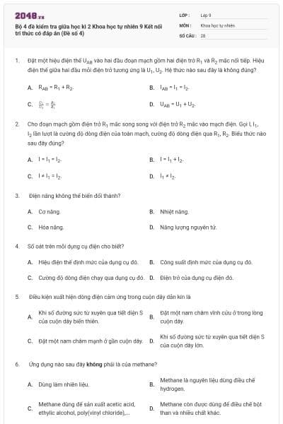Bộ 4 đề kiểm tra giữa học kì 2 Khoa học tự nhiên 9 Kết nối tri thức có đáp án (Đề số 4)