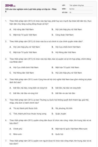 320 câu trắc nghiệm môn Luật hiến pháp có đáp án - Phần 8