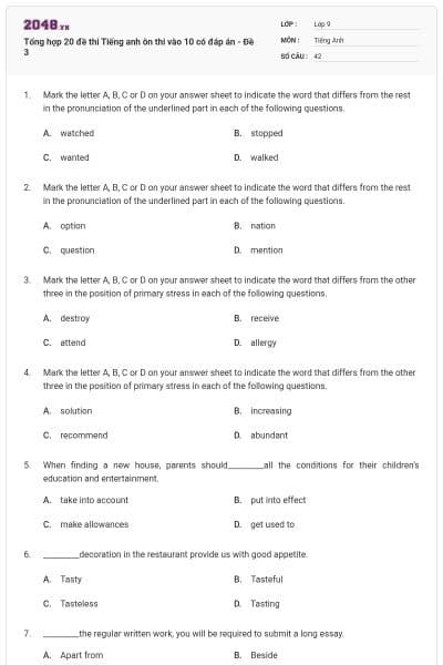 Tổng hợp 20 đề thi Tiếng anh ôn thi vào 10 có đáp án - Đề 3