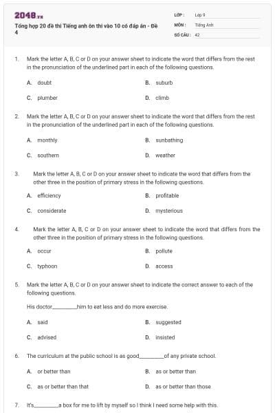 Tổng hợp 20 đề thi Tiếng anh ôn thi vào 10 có đáp án - Đề 4