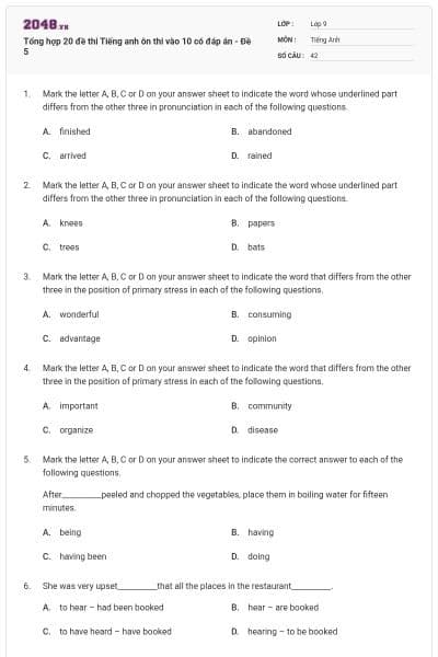 Tổng hợp 20 đề thi Tiếng anh ôn thi vào 10 có đáp án - Đề 5