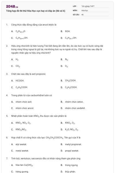 Tổng hợp đề thi thử Hóa Học cực hay có đáp án (Đề số 6)