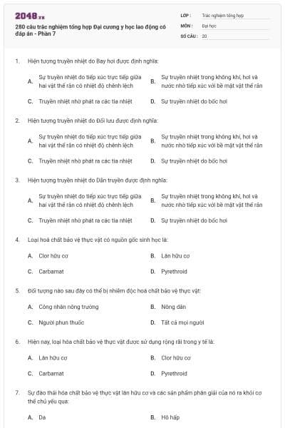 280 câu trắc nghiệm tổng hợp Đại cương y học lao động có đáp án - Phần 7