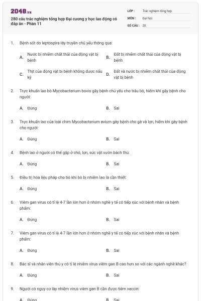 280 câu trắc nghiệm tổng hợp Đại cương y học lao động có đáp án - Phần 11