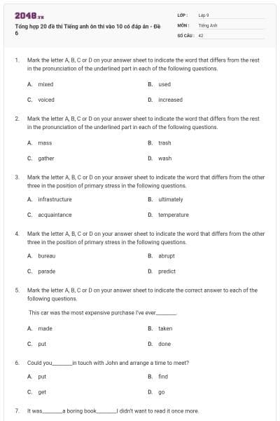 Tổng hợp 20 đề thi Tiếng anh ôn thi vào 10 có đáp án - Đề 6