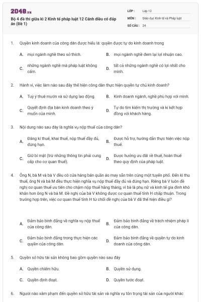 Bộ 4 đề thi giữa kì 2 Kinh tế pháp luật 12 Cánh diều có đáp án (Đề 1)