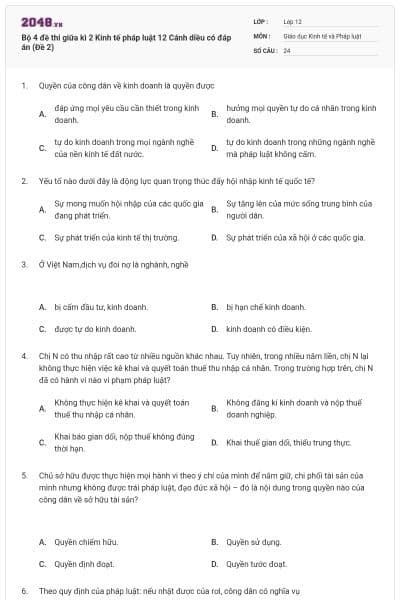 Bộ 4 đề thi giữa kì 2 Kinh tế pháp luật 12 Cánh diều có đáp án (Đề 2)