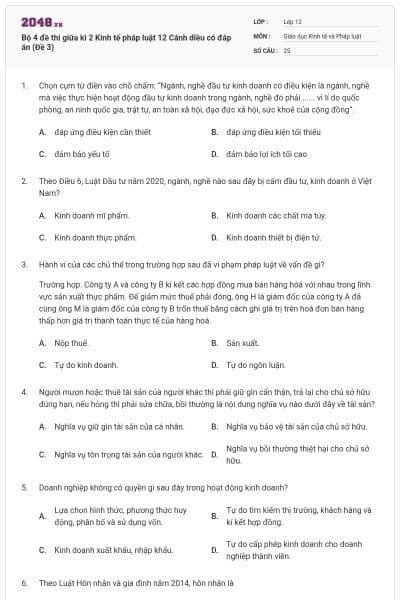 Bộ 4 đề thi giữa kì 2 Kinh tế pháp luật 12 Cánh diều có đáp án (Đề 3)