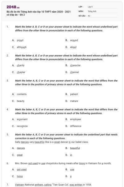 Bộ đề ôn thi Tiếng Anh vào lớp 10 THPT năm 2020 - 2021 có đáp án - Đề 2