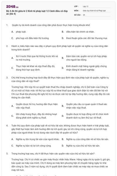 Bộ 4 đề thi giữa kì 2 Kinh tế pháp luật 12 Cánh diều có đáp án (Đề 4)