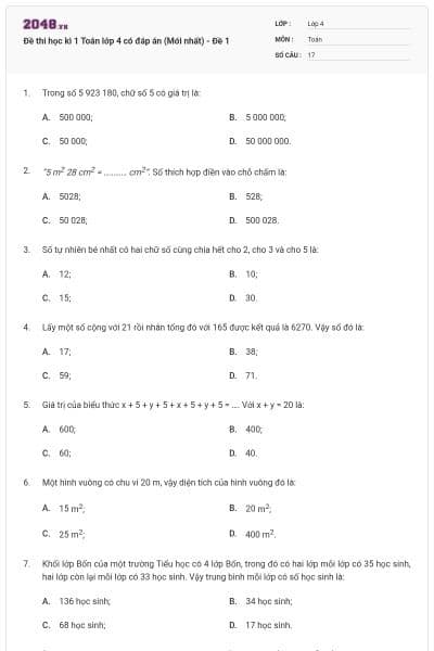 Đề thi học kì 1 Toán lớp 4 có đáp án (Mới nhất) - Đề 1