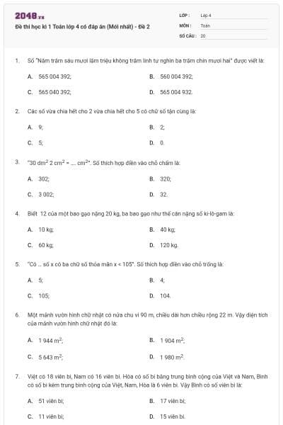Đề thi học kì 1 Toán lớp 4 có đáp án (Mới nhất) - Đề 2