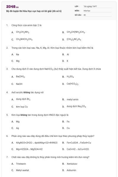 Bộ đề luyện thi Hóa Học cực hay có lời giải (đề số 6)