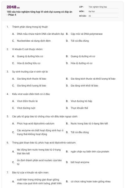 180 câu trắc nghiệm tổng hợp Vi sinh đại cương có đáp án - Phần 4