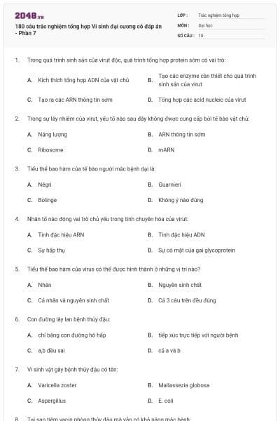 180 câu trắc nghiệm tổng hợp Vi sinh đại cương có đáp án - Phần 7
