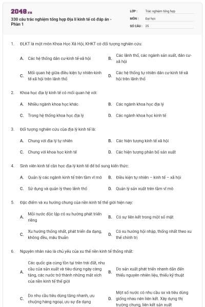 330 câu trắc nghiệm tổng hợp Địa lí kinh tế có đáp án - Phần 1