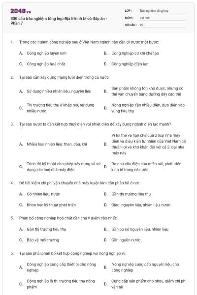 330 câu trắc nghiệm tổng hợp Địa lí kinh tế có đáp án - Phần 7