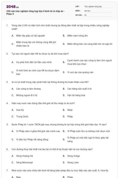 330 câu trắc nghiệm tổng hợp Địa lí kinh tế có đáp án - Phần 9