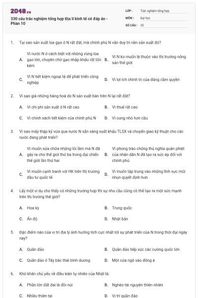 330 câu trắc nghiệm tổng hợp Địa lí kinh tế có đáp án - Phần 10