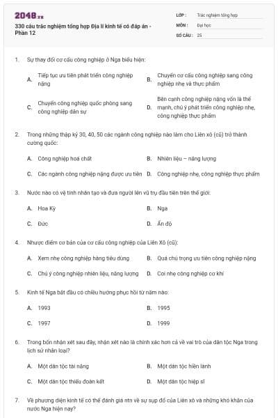 330 câu trắc nghiệm tổng hợp Địa lí kinh tế có đáp án - Phần 12