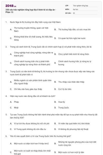 330 câu trắc nghiệm tổng hợp Địa lí kinh tế có đáp án - Phần 13