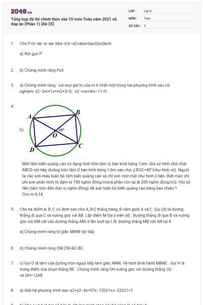Tổng hợp đề thi chính thức vào 10 môn Toán năm 2021 có đáp án (Phần 1) (Đề 25)