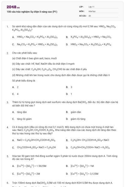 100 câu trắc nghiệm Sự điện li nâng cao (P1)