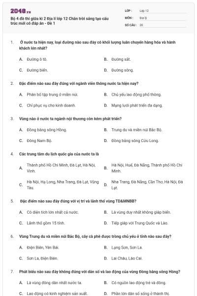 Bộ 4 đề thi giữa kì 2 Địa lí lớp 12 Chân trời sáng tạo cấu trúc mới có đáp án - Đề 1