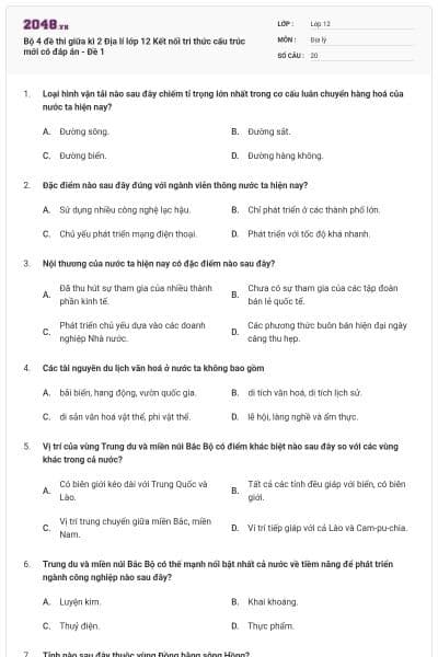 Bộ 4 đề thi giữa kì 2 Địa lí lớp 12 Kết nối tri thức cấu trúc mới có đáp án - Đề 1