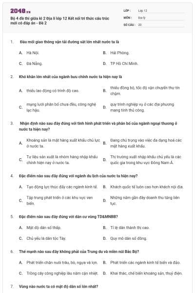Bộ 4 đề thi giữa kì 2 Địa lí lớp 12 Kết nối tri thức cấu trúc mới có đáp án - Đề 2