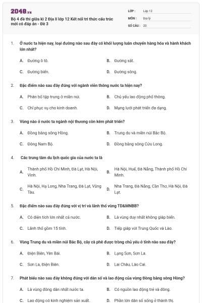Bộ 4 đề thi giữa kì 2 Địa lí lớp 12 Kết nối tri thức cấu trúc mới có đáp án - Đề 3