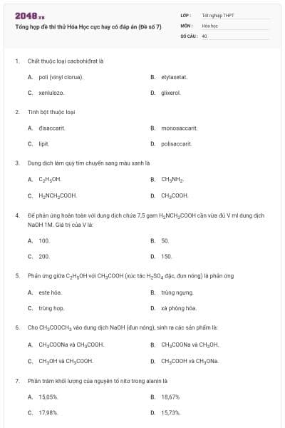 Tổng hợp đề thi thử Hóa Học cực hay có đáp án (Đề số 7)