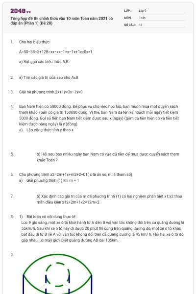 Tổng hợp đề thi chính thức vào 10 môn Toán năm 2021 có đáp án (Phần 1) (Đề 28)