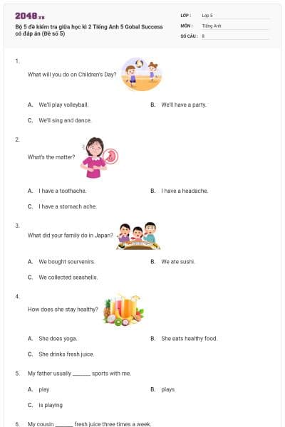 Bộ 5 đề kiểm tra giữa học kì 2 Tiếng Anh 5 Gobal Success có đáp án (Đề số 5)