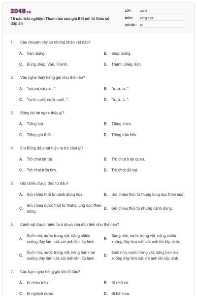 16 câu trắc nghiệm Thanh âm của gió Kết nối tri thức có đáp án