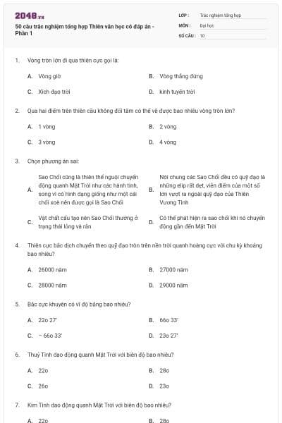 50 câu trắc nghiệm tổng hợp Thiên văn học có đáp án - Phần 1