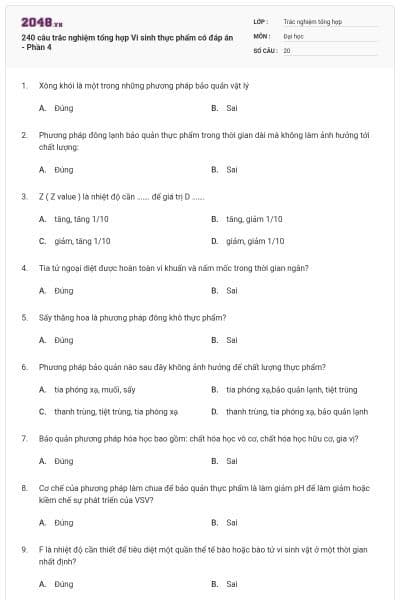 240 câu trắc nghiệm tổng hợp Vi sinh thực phẩm có đáp án - Phần 4