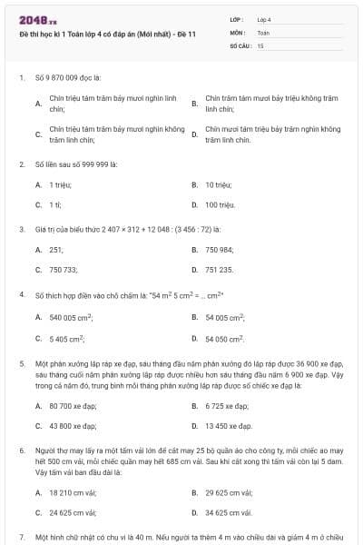 Đề thi học kì 1 Toán lớp 4 có đáp án (Mới nhất) - Đề 11
