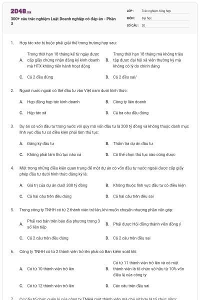 300+ câu trắc nghiệm Luật Doanh nghiệp có đáp án - Phần 3
