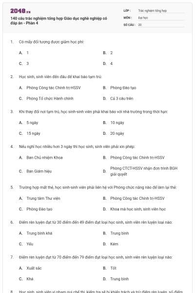 140 câu trắc nghiệm tổng hợp Giáo dục nghề nghiệp có đáp án - Phần 4