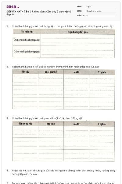 Giải VTH KHTN 7 Bài 35: thực hành: Cảm ứng ở thực vật có đáp án